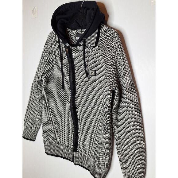 Leif Nelson Mens Sweater Jacket Large Removable Hood Full Zip Black White Collar - Picture 2 of 12